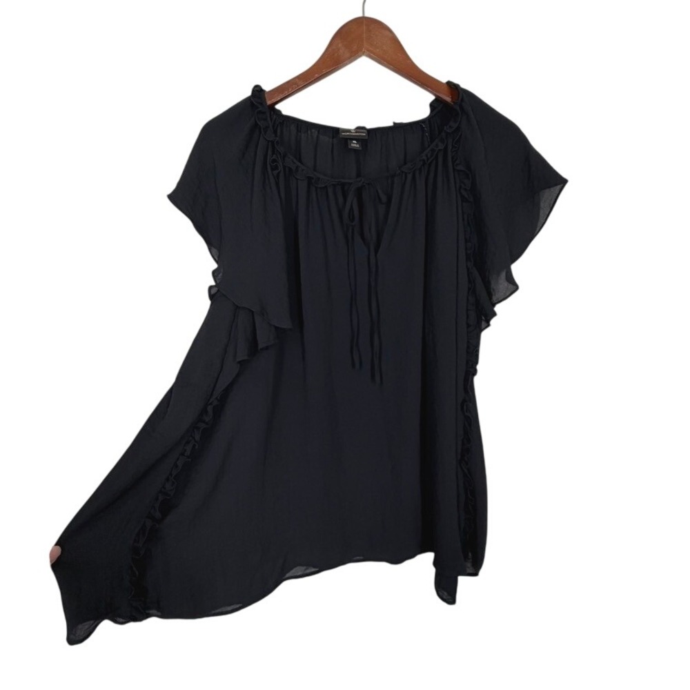 Worthington Womens Blouse XL Black Ruffle Flutter Sleeve Tie Neck Peasant Top